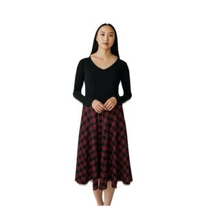 Liumilac Midi Dress Rockabilly 50's XL Plaid A-Line Long Sleeve Pleats Black Red